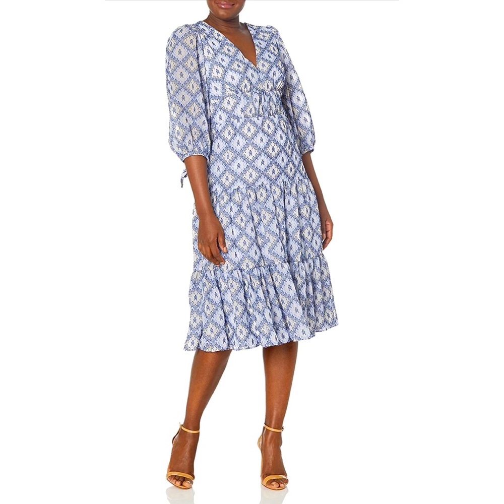 Calvin Klein Women's Tiered Midi Dress with Tie Puff Sleeve
